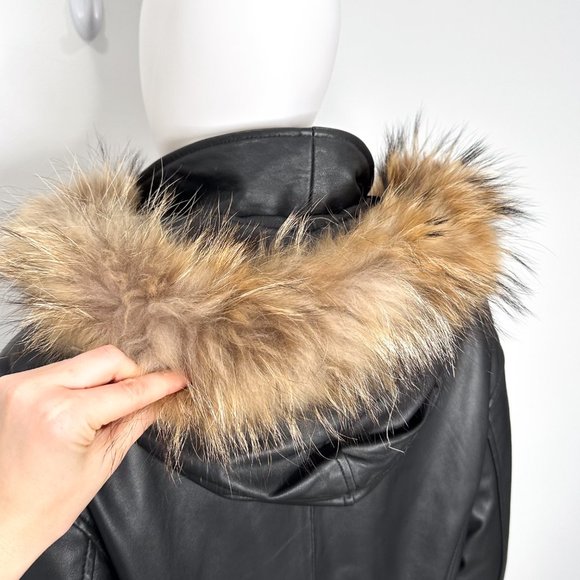 Genuine Lamb Leather Longline Coat Jacket w/ Remove-able Faux Fur Trim Hood - Picture 9 of 16